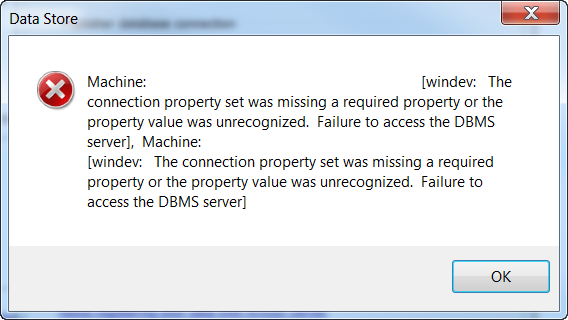 Connection property set was missing a required property or the property value was unrecognized. Failure to access the DBMA server